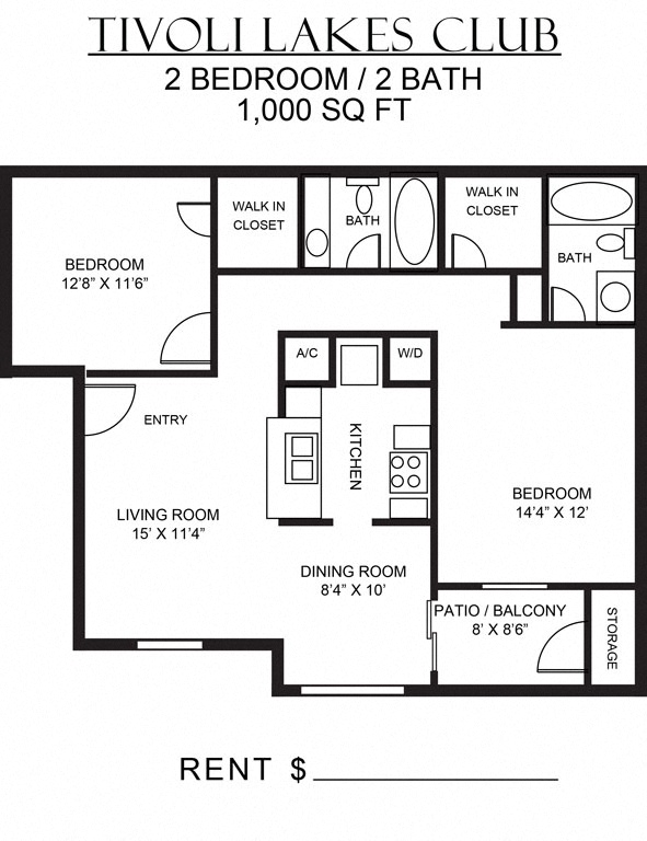 Floor plan for 2 beds, 2 baths, 1000 sqft